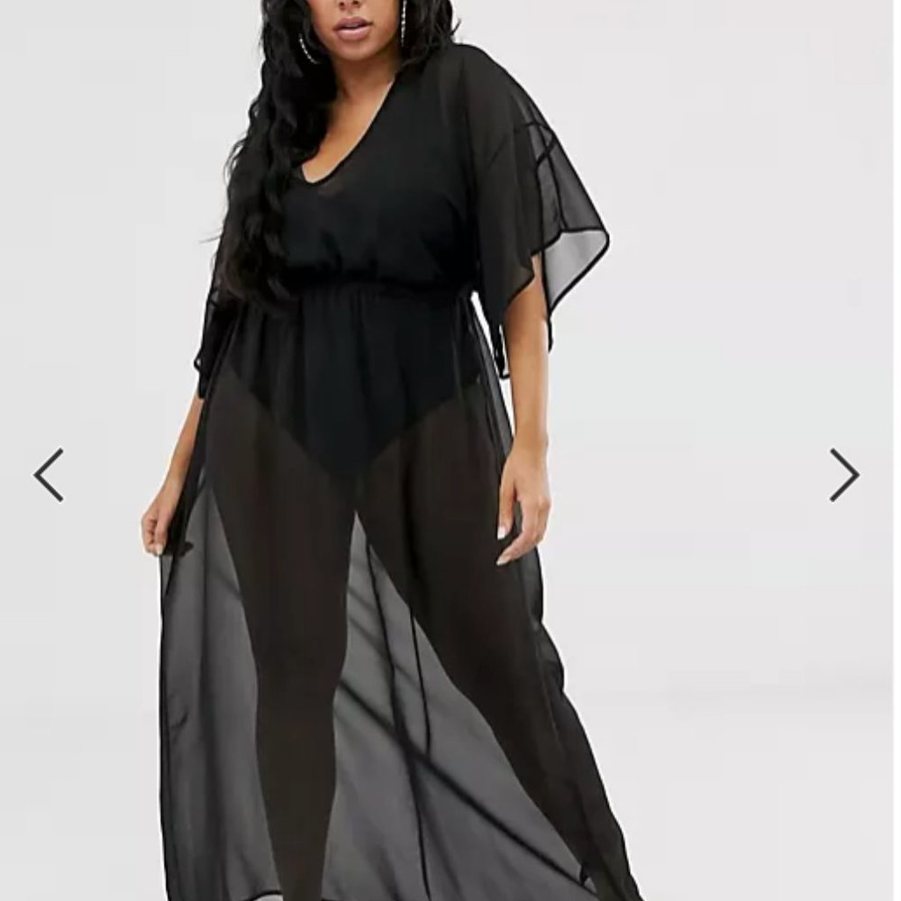 NW ASOS kimono sleeve tie back chiffon maxi beach dress in black sz 14